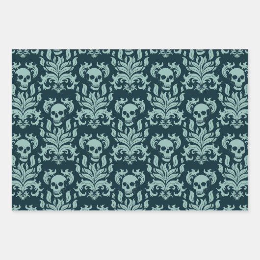 Skull Flame Damask - blaue und lila Sammlung Geschenkpapier Set (Vorderseite)