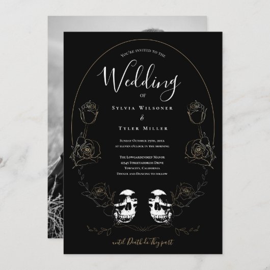Skull Floral Black Foto Gothic Einladung (Vorne/Hinten)