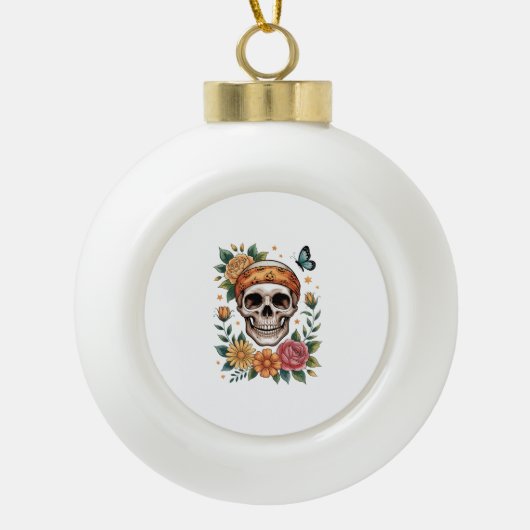 Skull Floral Halloween Spooky Keramik Kugel-Ornament (Vorderseite)
