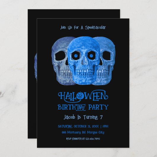 Skull Funny Gothic Blue Black Halloween Geburtstag Einladung (Vorne/Hinten)