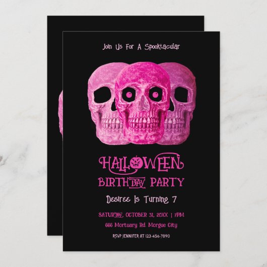 Skull Funny Gothic Girly Pink Halloween Geburtstag Einladung (Vorne/Hinten)