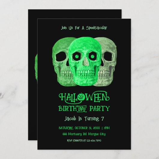 Skull Funny Gothic Green Black Halloween Geburtsta Einladung (Vorne/Hinten)
