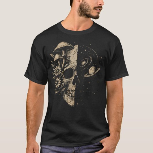 Skull Galaxy Mushroom Flowers Cosmos Aesthetic Spi T-Shirt (Vorderseite)