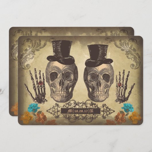 Skull Gay Paar Viktorianisch Gothic Wedding Einlad Einladung (Vorne/Hinten)