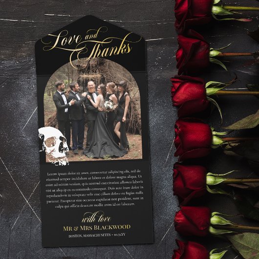 Skull Goth Halloween Wedding Love Thanks Gold All-in-One-Einladung