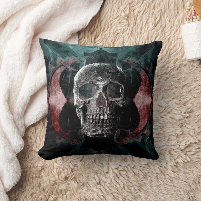 Skull Gothic Floral Aquamarin Black Grunge Textur Kissen (Decke)
