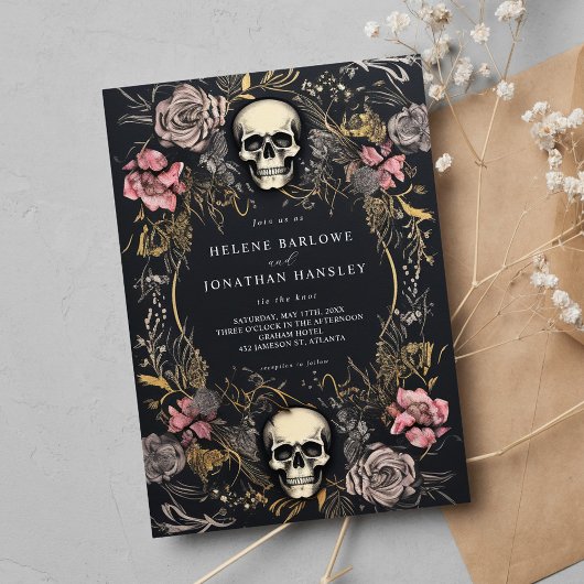 Skull Gothic Floral Dark Wedding Einladung
