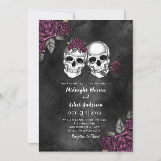 Skull Gothic Floral Rose Hochzeit Einladung (Vorderseite)