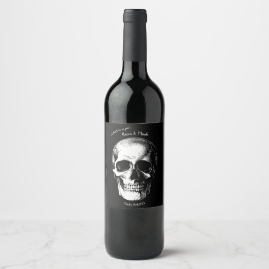 Skull Gothic Halloween Hochzeitwein Labels Weinetikett (Vorderseite)