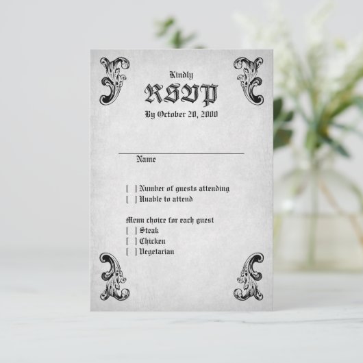 Skull Gothic Wedding RSVP Karte (Stehend Vorderseite)