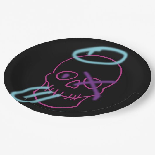 Skull-Graffiti - Rosa, Lila, Blau und Schwarz Pappteller (Schrägansicht)
