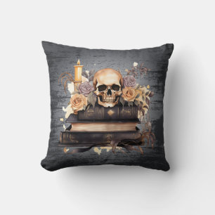 Skull Grau und Gold Rose Schwarzes Halloween Kissen
