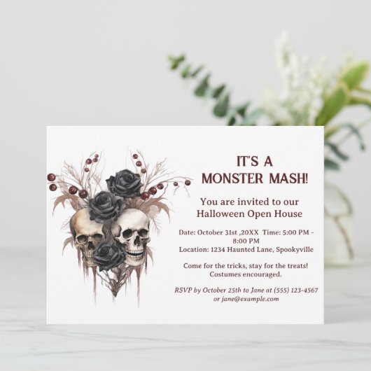 Skull Halloween Open House Einladung (Stehend Vorderseite)