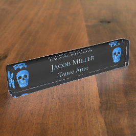 Skull Head Gothic Neon Blue Black Tattoo Shop Namensplakette