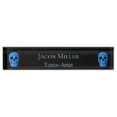 Skull Head Gothic Neon Blue Black Tattoo Shop Namensplakette (Vorderseite)