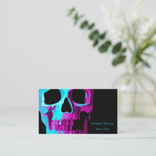 Skull Head Gothic Neon Lila Aquamarin Black Design Visitenkarte (Stehend Vorderseite)