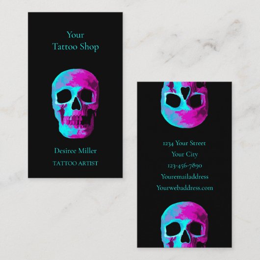 Skull Head Gothic Neon Lila Aquamarin Black Design Visitenkarte (Vorne/Hinten)