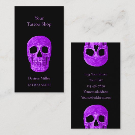 Skull Head Gothic Neon Lila Black Tattoo Shop Visitenkarte (Vorne/Hinten)