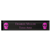 Skull Head Gothic Neon Pink Black Tattoo Shop Namensplakette (Vorderseite)