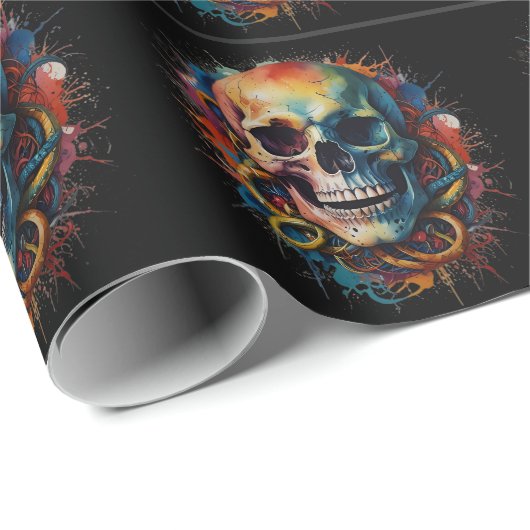 Skull Head mit mehrfarbigen Paint Splashes Geschenkpapier (Rolleneckpunkt)