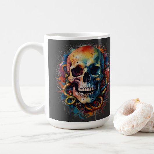 Skull Head mit mehrfarbigen Paint Splashes Kaffeetasse (Mit Donut)
