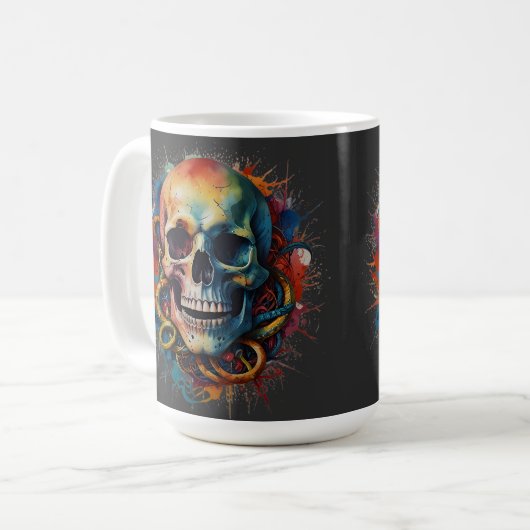 Skull Head mit mehrfarbigen Paint Splashes Kaffeetasse (Vorderseite Links)
