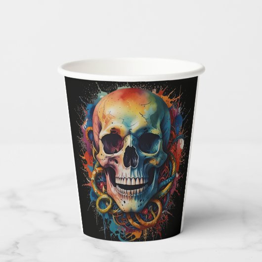 Skull Head mit mehrfarbigen Paint Splashes Pappbecher (Rückseite)