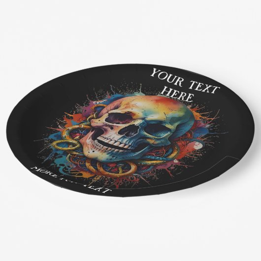 Skull Head mit mehrfarbigen Paint Splashes Pappteller (Schrägansicht)