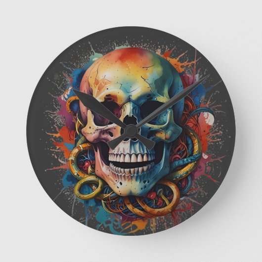Skull Head mit mehrfarbigen Paint Splashes Runde Wanduhr (Vorderseite)