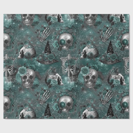 Skull Hexal Floral | Dark Gothic Mitternacht Aquam Geschenkpapier (Flach)