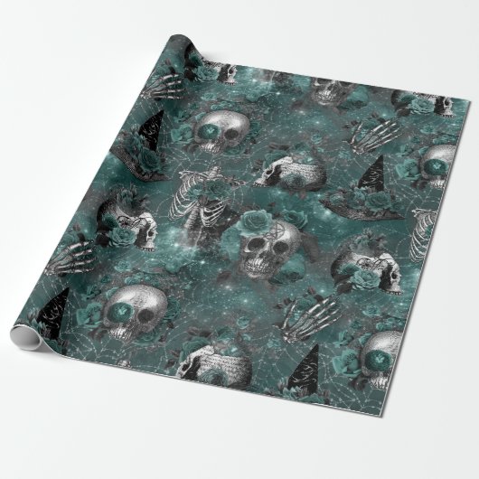 Skull Hexal Floral | Dark Gothic Mitternacht Aquam Geschenkpapier (Ungerollt)