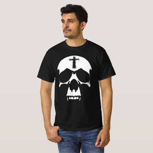 Skull-Illustration in gotischem Schwarz-Weiß-Dämon T-Shirt (Vorne ganz)