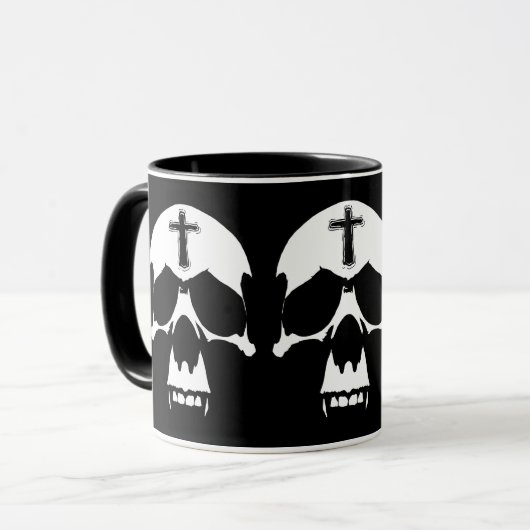 Skull-Illustration in gotischem Schwarz-Weiß-Dämon Tasse (Vorderseite Links)