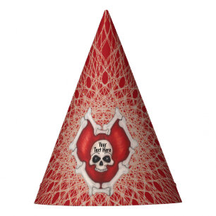 Skull in Spooky Rotes Herz Knochen Spirallinien Partyhütchen