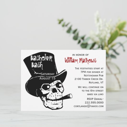 Skull in Top Hat Bachelor Party Einladung (Stehend Vorderseite)