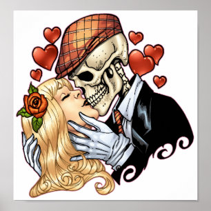 Skull Kiss mit Herzen und Rose von Al Rio Poster