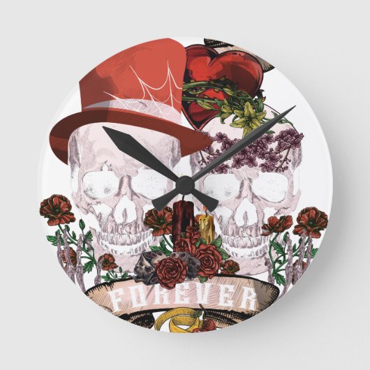 Skull Liebe Ehe Skelett Couple Runde Wanduhr (Vorderseite)