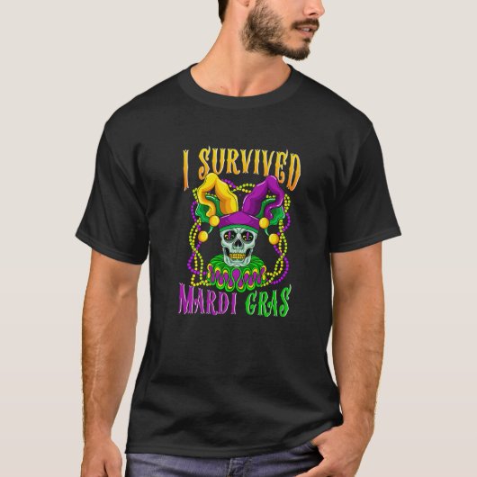 Skull Mardi Gras Jester Hat Skeleton Ich überlebte T-Shirt (Vorderseite)
