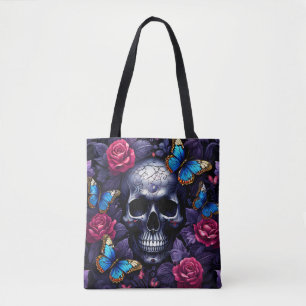 Skull mit Blauen Schmetterlingen und Rote Rosen Go Tasche