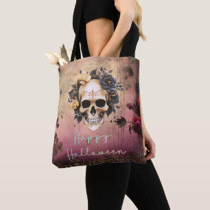Skull mit Blue und Gold Blume Frohe Halloween Tasche