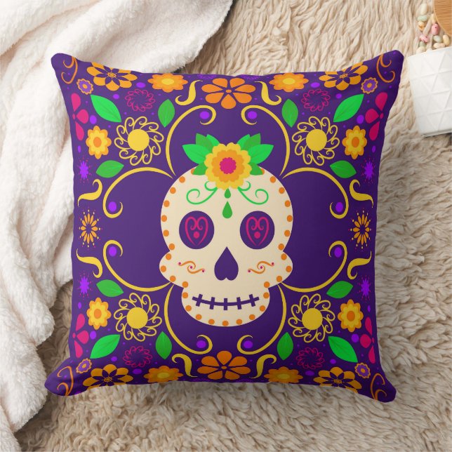 Skull mit Blume Día de los Muertos Throw Kissen (Decke)