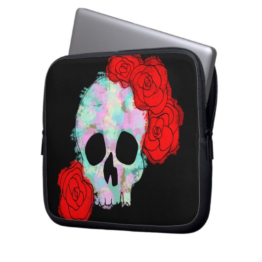 Skull mit Blume Pastell Rose Wasserfarbe Laptopschutzhülle (Vorderseite Links)