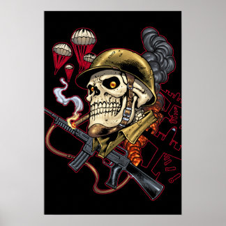 Skull mit Helm, Flugzeugen und Bomben Poster