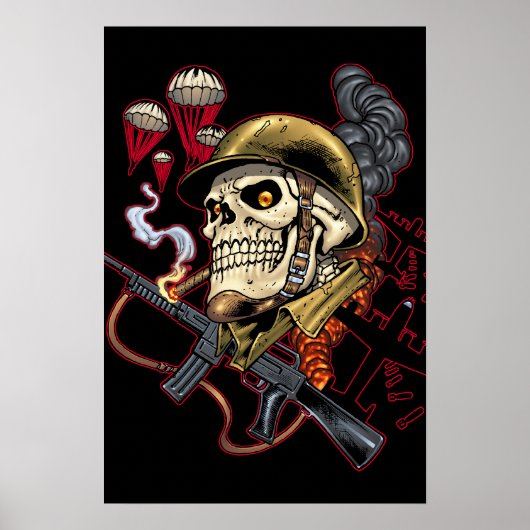 Skull mit Helm, Flugzeugen und Bomben Poster (Vorne)