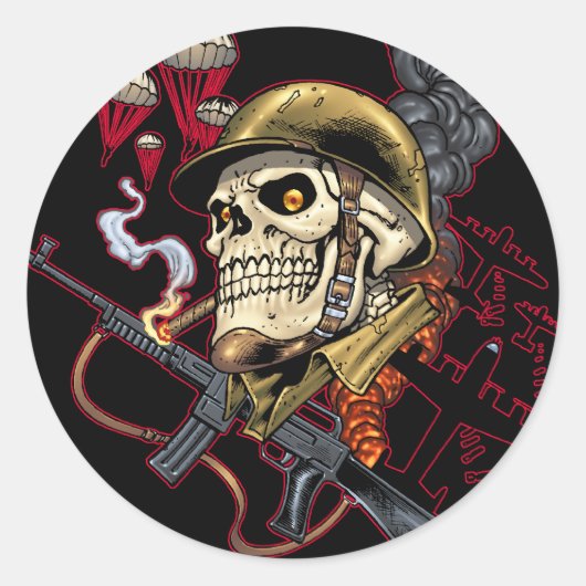 Skull mit Helm, Flugzeugen und Bomben Runder Aufkleber (Vorderseite)