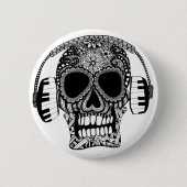 Skull mit Kopfhörern Schwarz-Weiß Musik Button (Vorderseite)