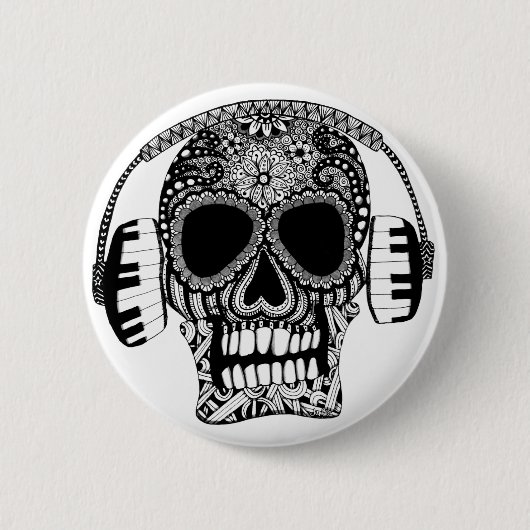 Skull mit Kopfhörern Schwarz-Weiß Musik Button (Vorderseite)