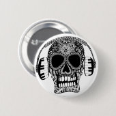 Skull mit Kopfhörern Schwarz-Weiß Musik Button (Vorne & Hinten)