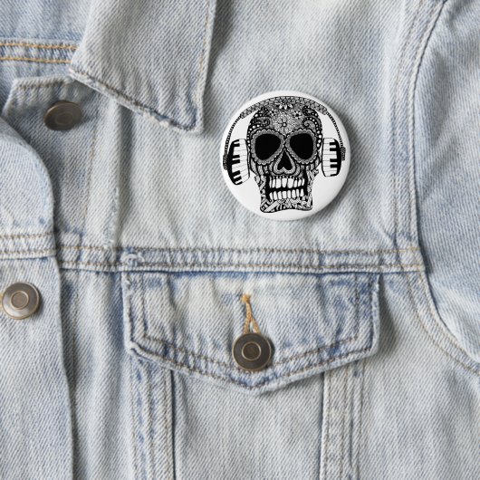 Skull mit Kopfhörern Schwarz-Weiß Musik Button (Beispiel)