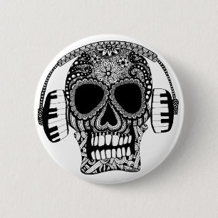 Skull mit Kopfhörern Schwarz-Weiß Musik Button